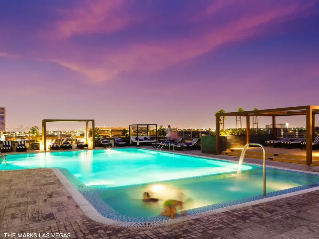 rooftop pool at dusk