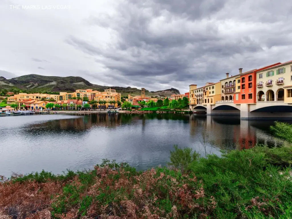 Aerial sunrise over Lake Las Vegas homes and waterfront resort community